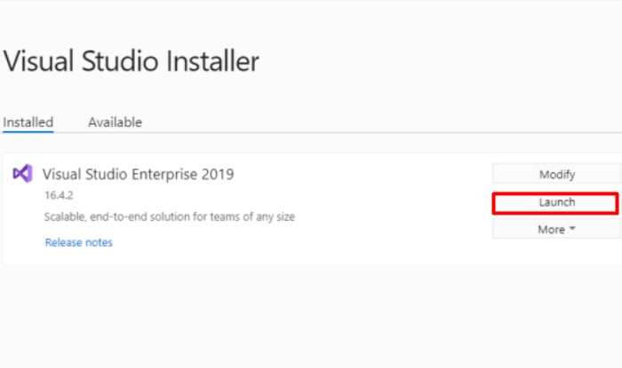 Bam launch de hoan tat cai dat Visual Studio 2019 Enterprise