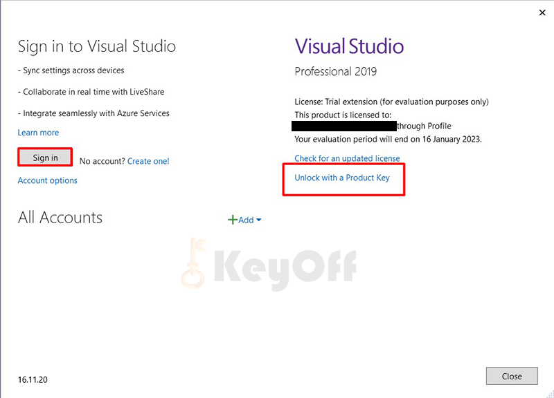 Dang nhap tai khoan cua ban va bam unlock with a product key de kich hoat ban quyen Visual Studio 2019 Professional