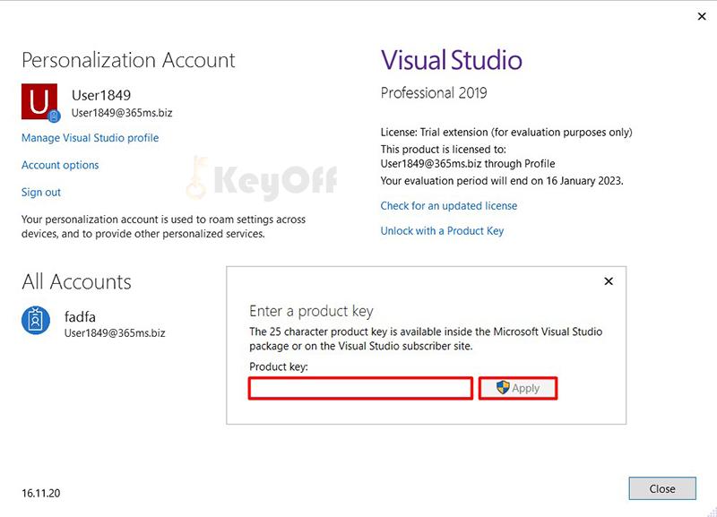 nhap key Visual Studio 2019 Professional da mua de kich hoat ban quyen