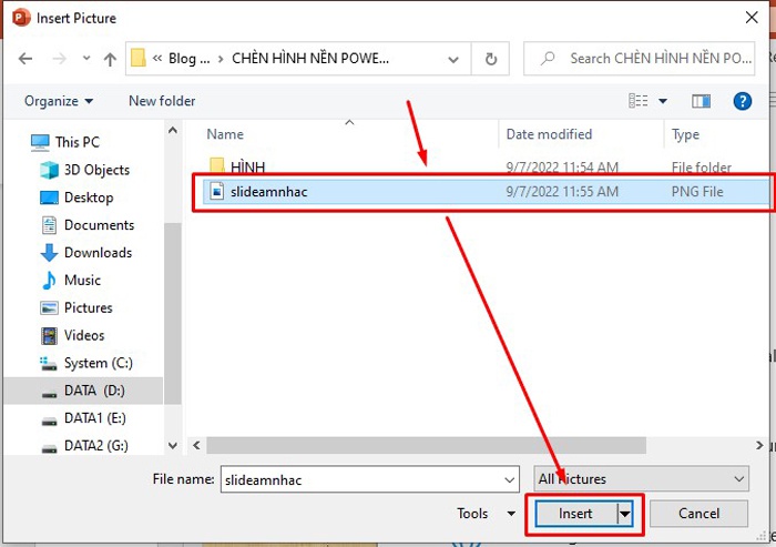 Chọn file ảnh nền powerpoint đã lưu về