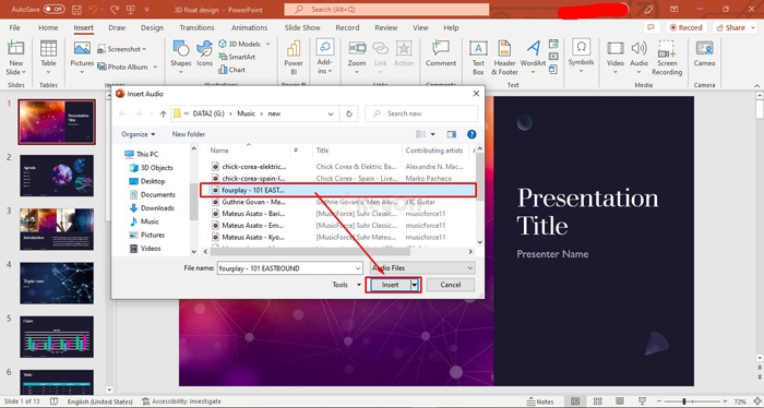 Chọn file nhạc và chèn vào powerpoint