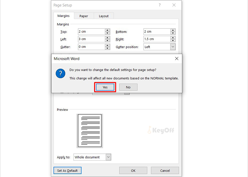 bấm yes để hoàn tất căn chỉnh lề trong word