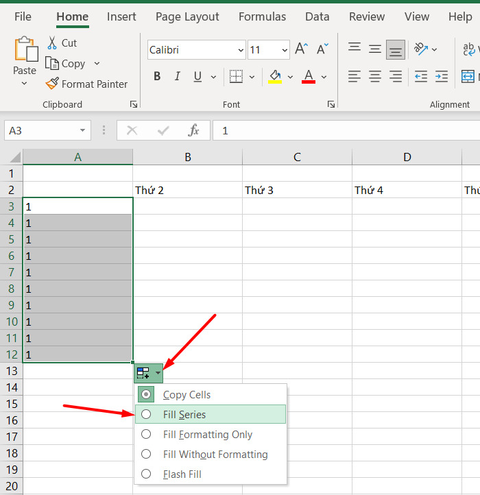 Cách đánh số thứ tự trong Excel bằng Fill series
