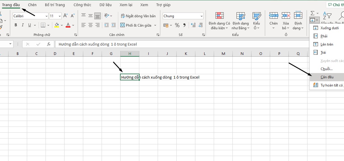 Cách xuống dòng trong Excel với Justify