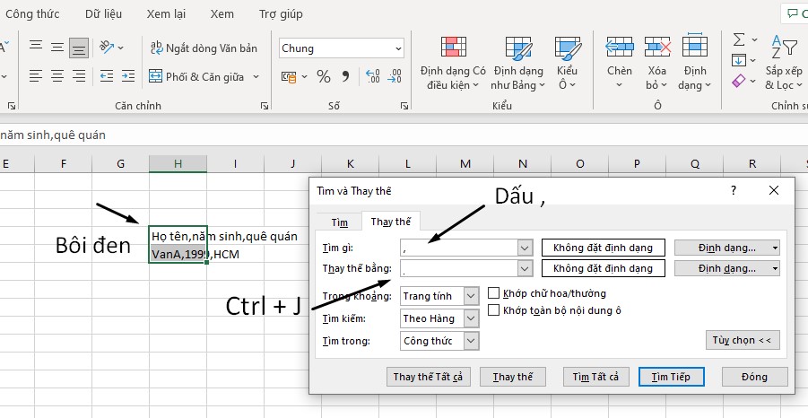 Cách xuống dòng trong 1 ô Excel với Find Replace