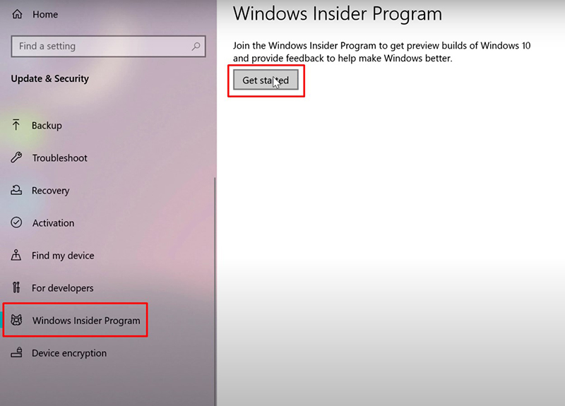 Bấm Get started để Update Windows 11 từ Windows Insider Program