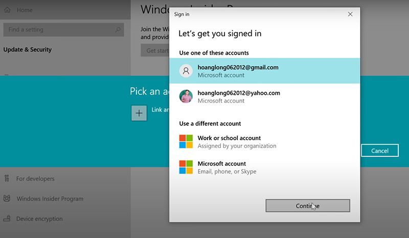 Chọn một tài khoản để Update Windows 11 từ Windows Insider Program