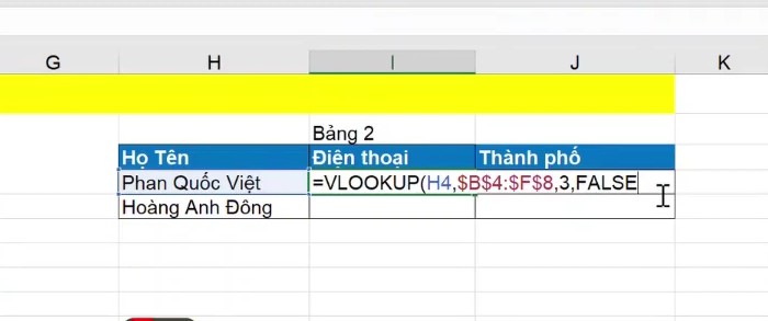 Lấy dữ liệu số điện thoại của bạn Phan Quốc Việt bằng hàm Vlookup trong Excel