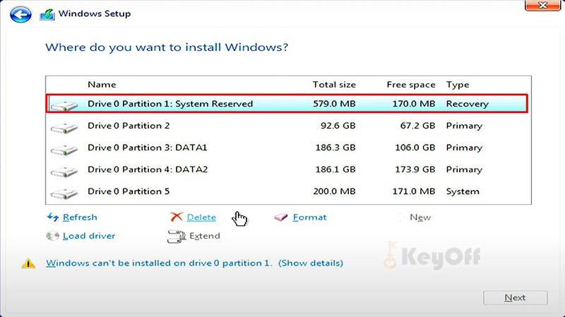 xoa file drive 0 partition 1 system reserved