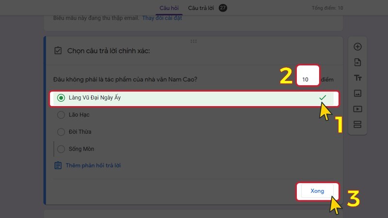 Cách chấm điểm câu trả lời trong Google Form