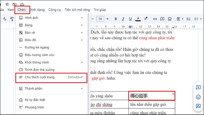 Huong dan cach chen chu thich cuoi trang tren Google Docs