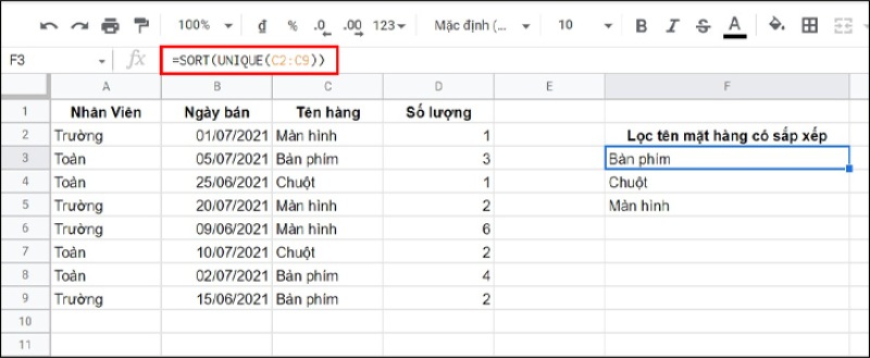 Cách sử dụng hàm SORT trong Excel