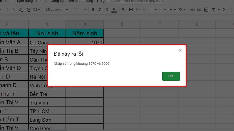 Hướng dẫn giới hạn dữ liệu với Data Validation trong Google Sheets