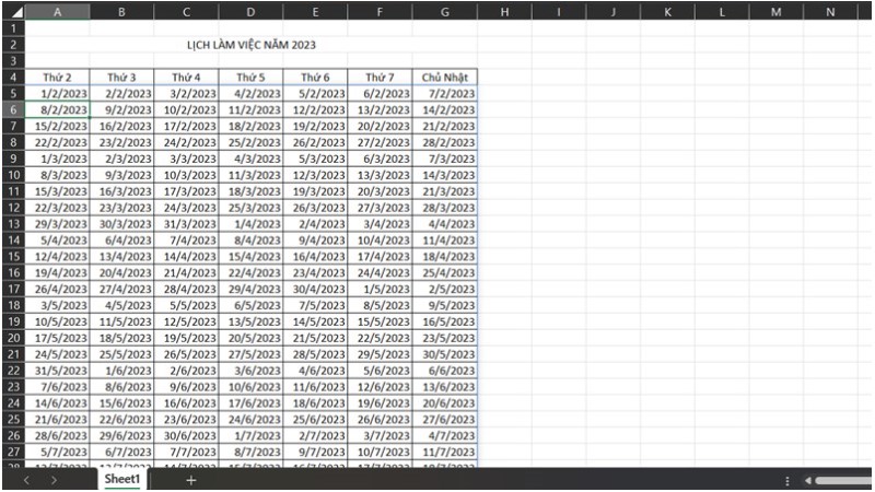 tạo lịch làm việc trong Excel