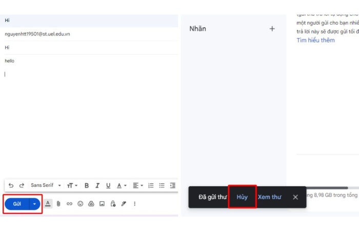 Sử dụng chức năng hủy gửi Gmail
