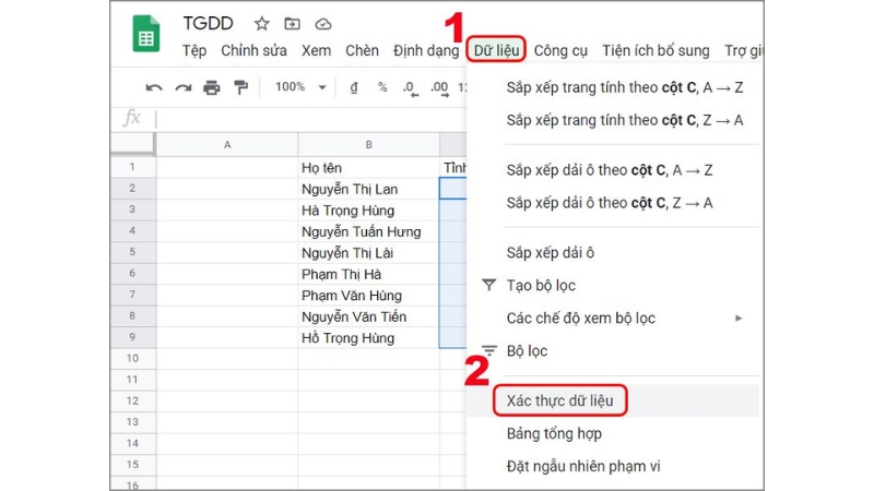 Tạo Danh Sách Thả Xuống Trong Google Sheets Từ Dữ Liệu Có Sẵn