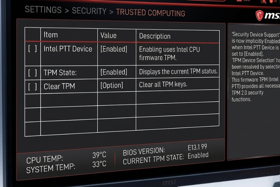 Bật TPM 2.0 Main MSI Cài Win 11
