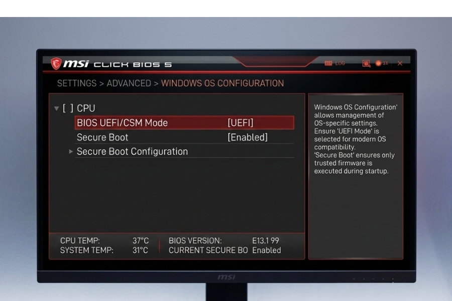 Bật TPM 2.0 Main MSI Cài Win 11