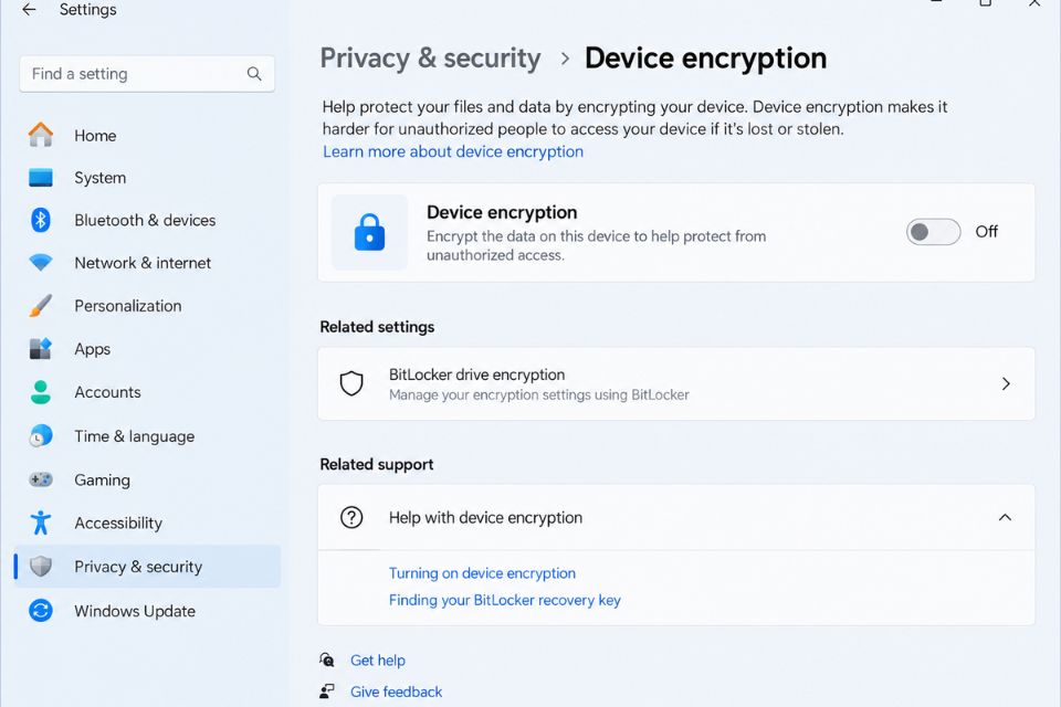 Bat ma hoa thiet bi Device Encryption tren Windows 11 Home 3
