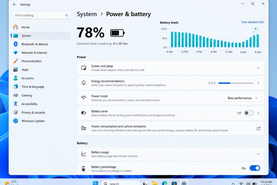 Cach chinh dien nang Windows 11 cho laptop pin trau hon 2