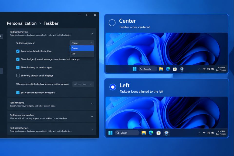 Cach dua thanh Taskbar Windows 11 sang ben trai giong Windows 10 khi bi mat Driver 8
