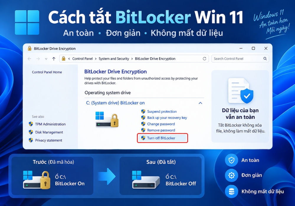 Cách tắt BitLocker Win 11 an toàn, đơn giản và không mất dữ liệu