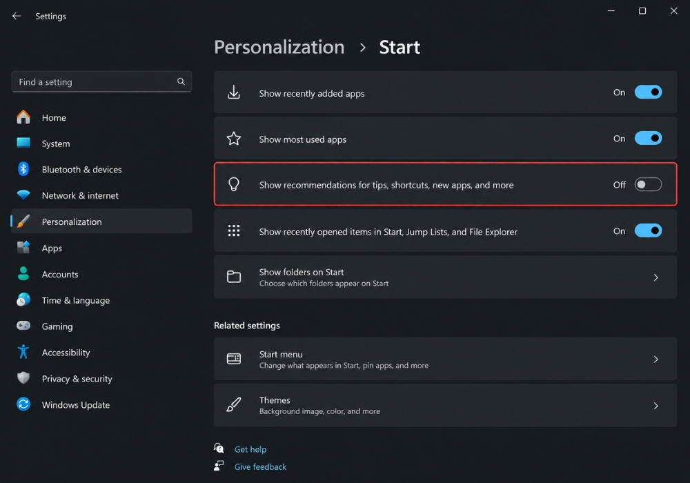 Cach tat quang cao trong Start Menu Win 11 3