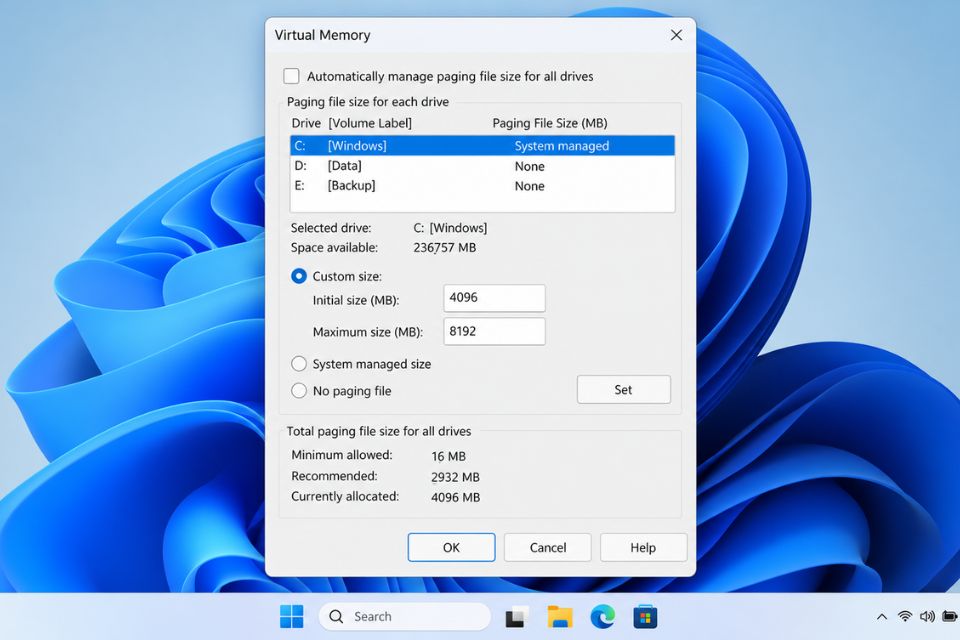 Cau hinh RAM ao Virtual Memory Windows 11 chuan nhat de chong vang game 4