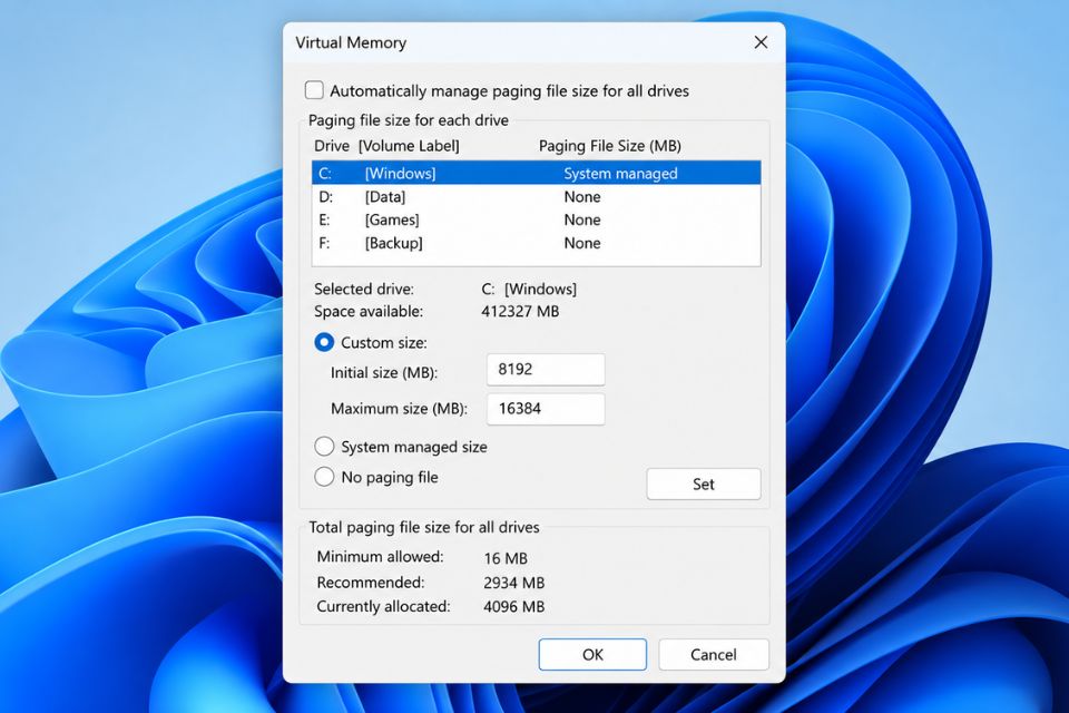 Cau hinh RAM ao Virtual Memory Windows 11 chuan nhat de chong vang game 5