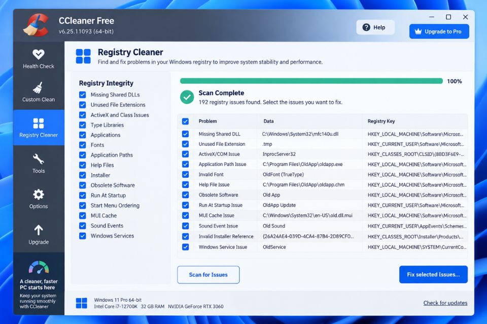 Dọn dẹp Registry Windows 11 an toàn bằng CCleaner