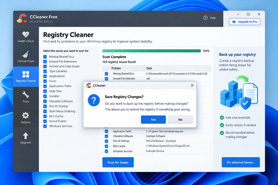 Don dep Registry Windows 11 an toan bang CCleaner 2