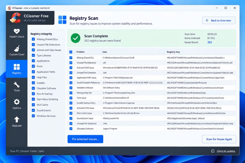 Don dep Registry Windows 11 an toan bang CCleaner 4