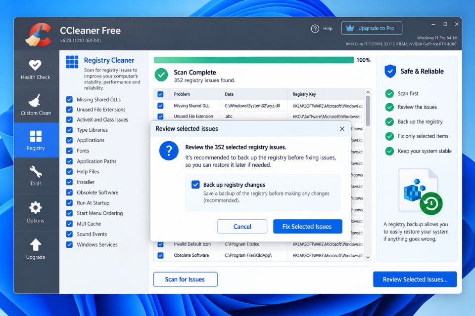 Don dep Registry Windows 11 an toan bang CCleaner 5