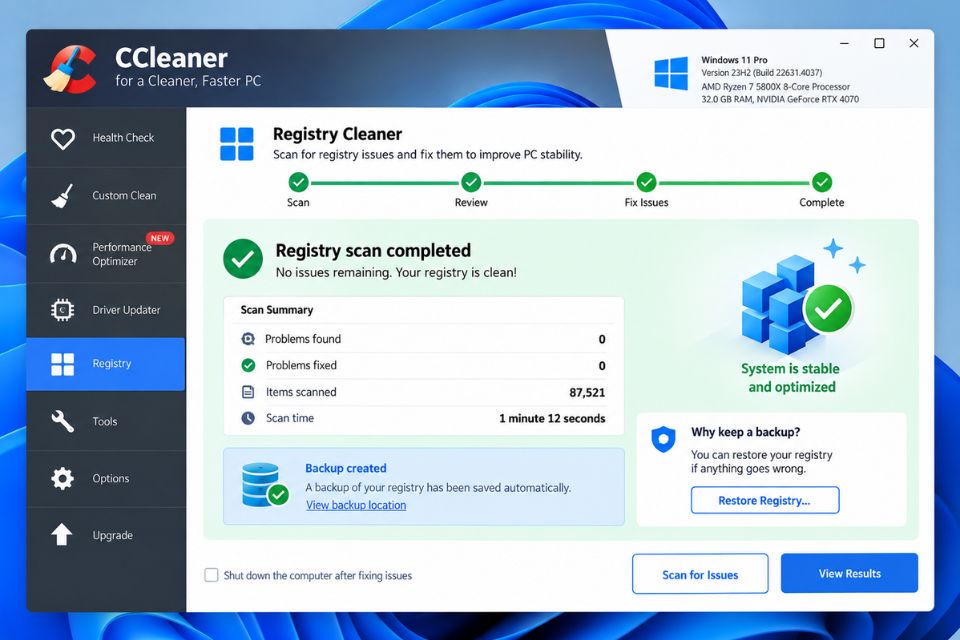 Don dep Registry Windows 11 an toan bang CCleaner 6