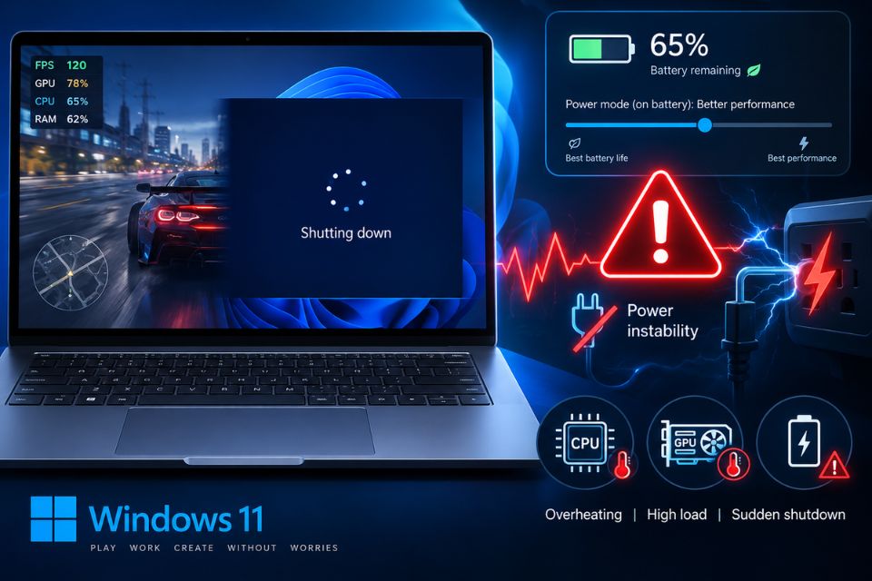 Laptop Windows 11 bị sập nguồn đột ngột dù còn pin