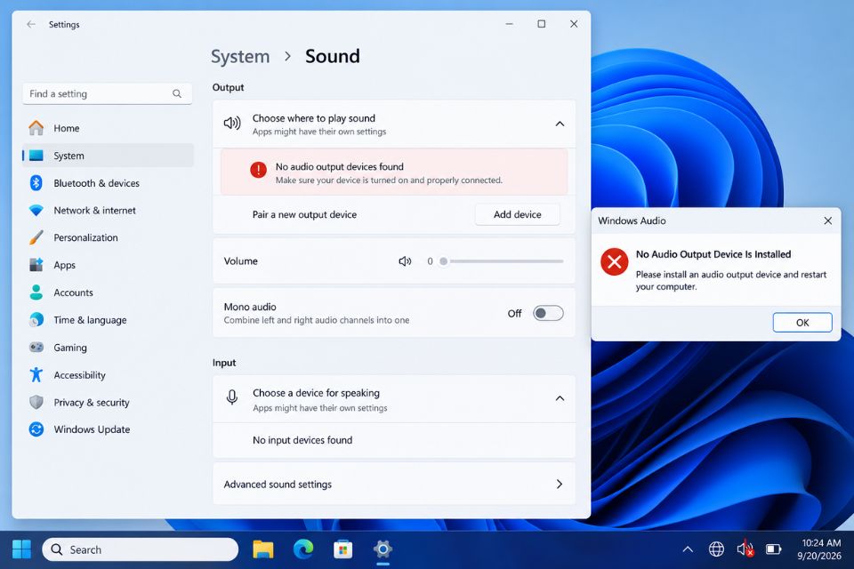 Lỗi No Audio Output Device Is Installed Windows 11