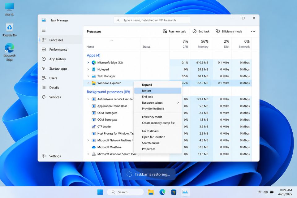 Sửa lỗi Taskbar Windows 11 bị biến mất, đơ đứng máy 7 Sua loi Taskbar Windows 11 bi bien mat do dung may 3